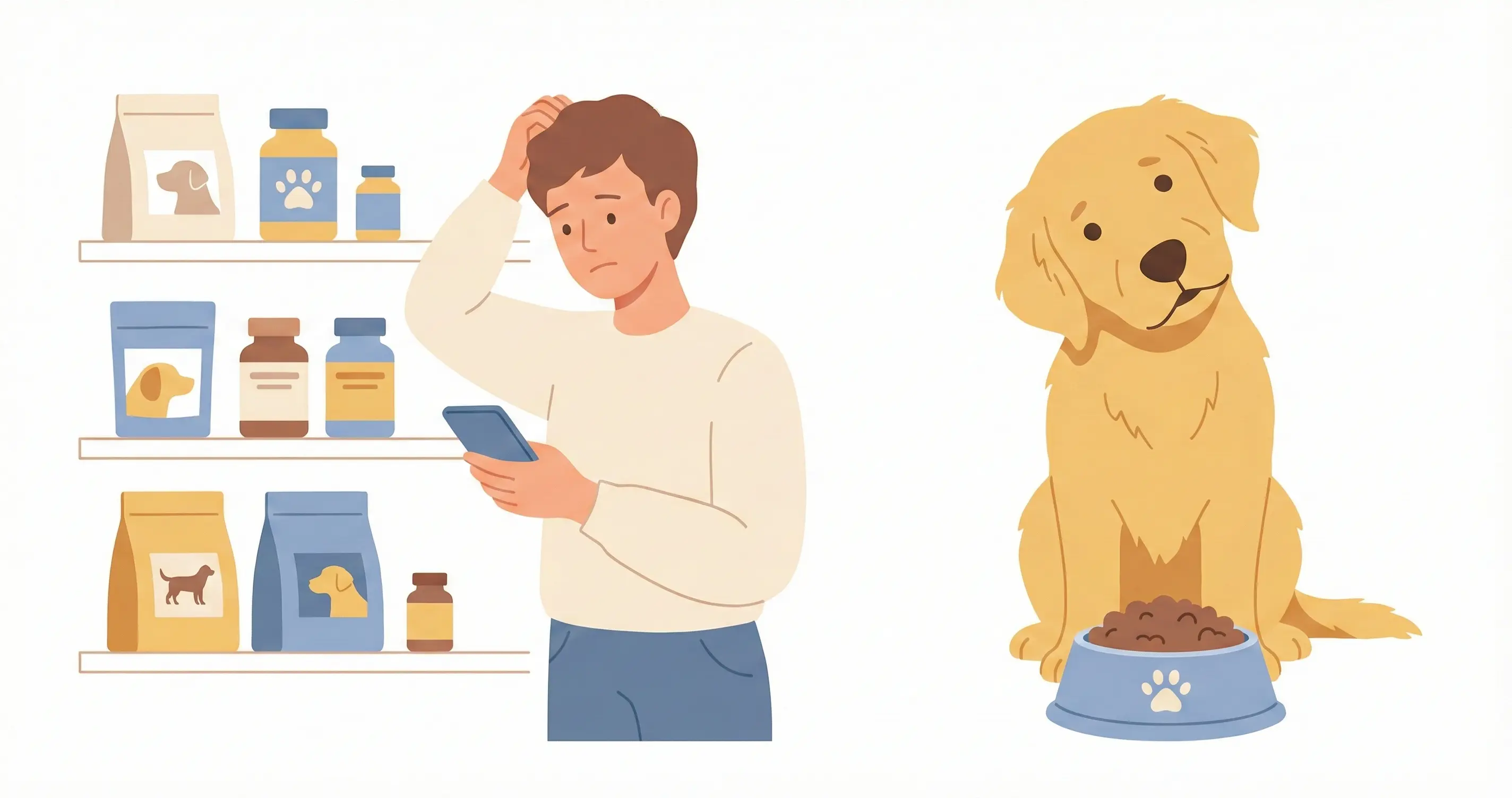 고민하는 보호자 또는 사료 앞에서 갸우뚱하는 강아지