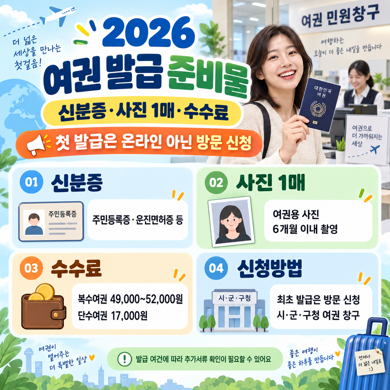 2026 여권 발급 준비물 ❘ 신분증&middot;사진 1매&middot;수수료, 첫 발급은 온라인 아닌 방문 신청