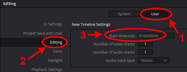 1. User 탭 클릭
2. Editing 클릭
3. Start timecode가 01:00:00:00으로 되어 있다면 00:00:00:00으로 변경