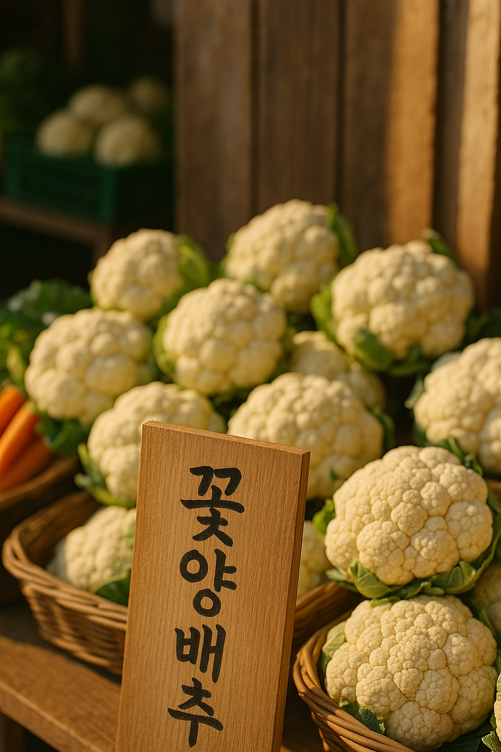 전통시장 채소 칸, &lsquo;꽃양배추&rsquo; 손글씨 표지와 흰 꽃송이