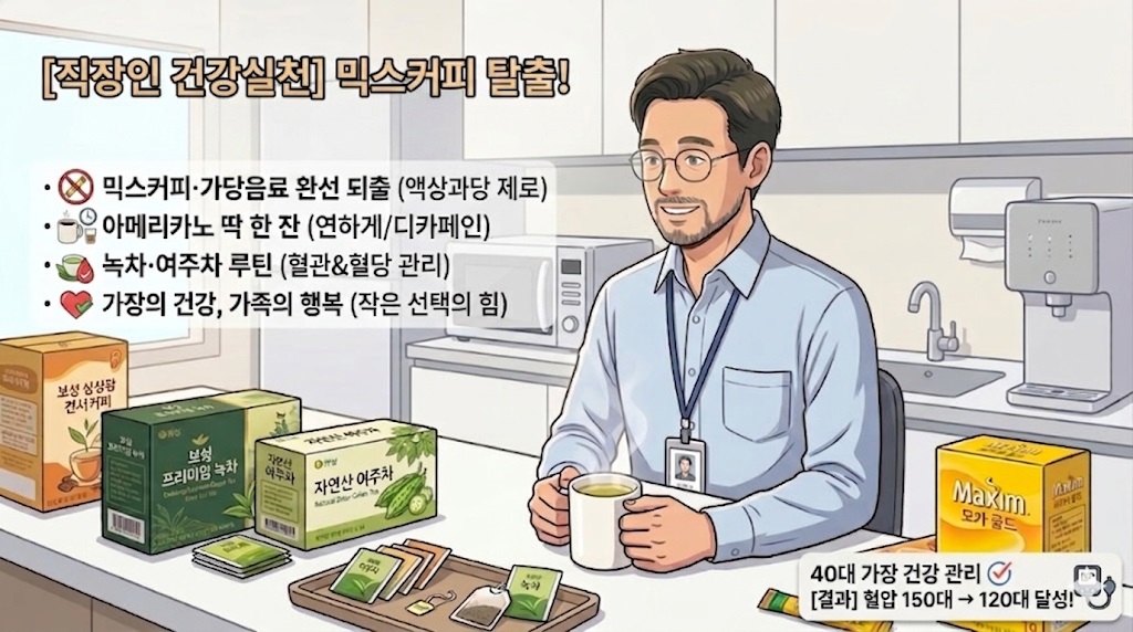 회사 탕비실에서 믹스커피 대신 건강한 티백 차를 선택해 우려 마시는 40대 중반 직장인