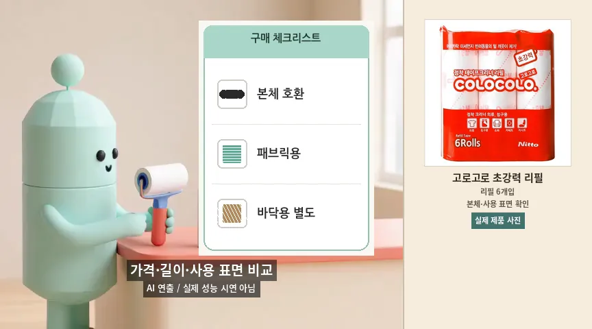 본체 호환과 패브릭용&middot;바닥용 구분을 안내하는 AI 체크리스트 반복 애니메이션