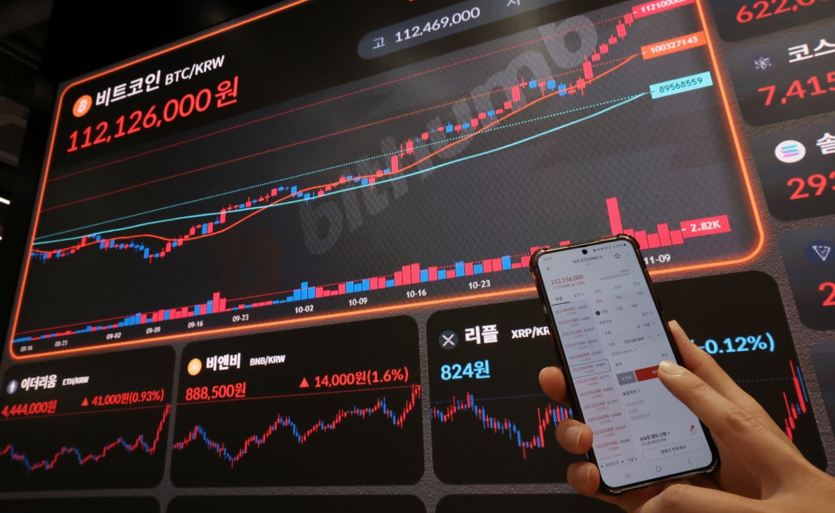 비트코인이 미국 대선 영향으로 사상 처음 8만달러를 넘어선 11일 서울 서초동 빗썸라운지에 코인 시세가 표시되고 있다.