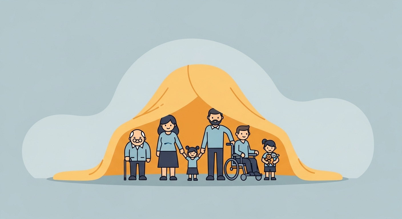 노인, 영유아, 장애인, 한부모 등 다양한 취약계층이 따뜻한 지원을 받는 모습을 상징하는 일러스트.