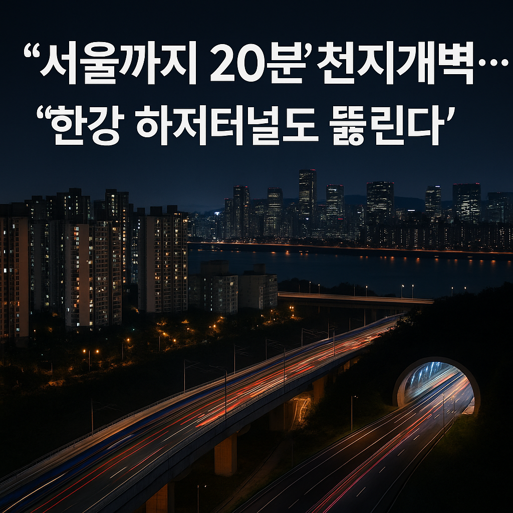 &ldquo;서울과 김포를 연결하는 GTX-D 노선과 한강 하저터널을 상징한 도시 야경 이미지 &mdash; 한강을 가로지르는 터널 그래픽과 고속 열차, 빛나는 스카이라인이 어우러진 부동산 교통 호재 관련 썸네일.&rdquo;