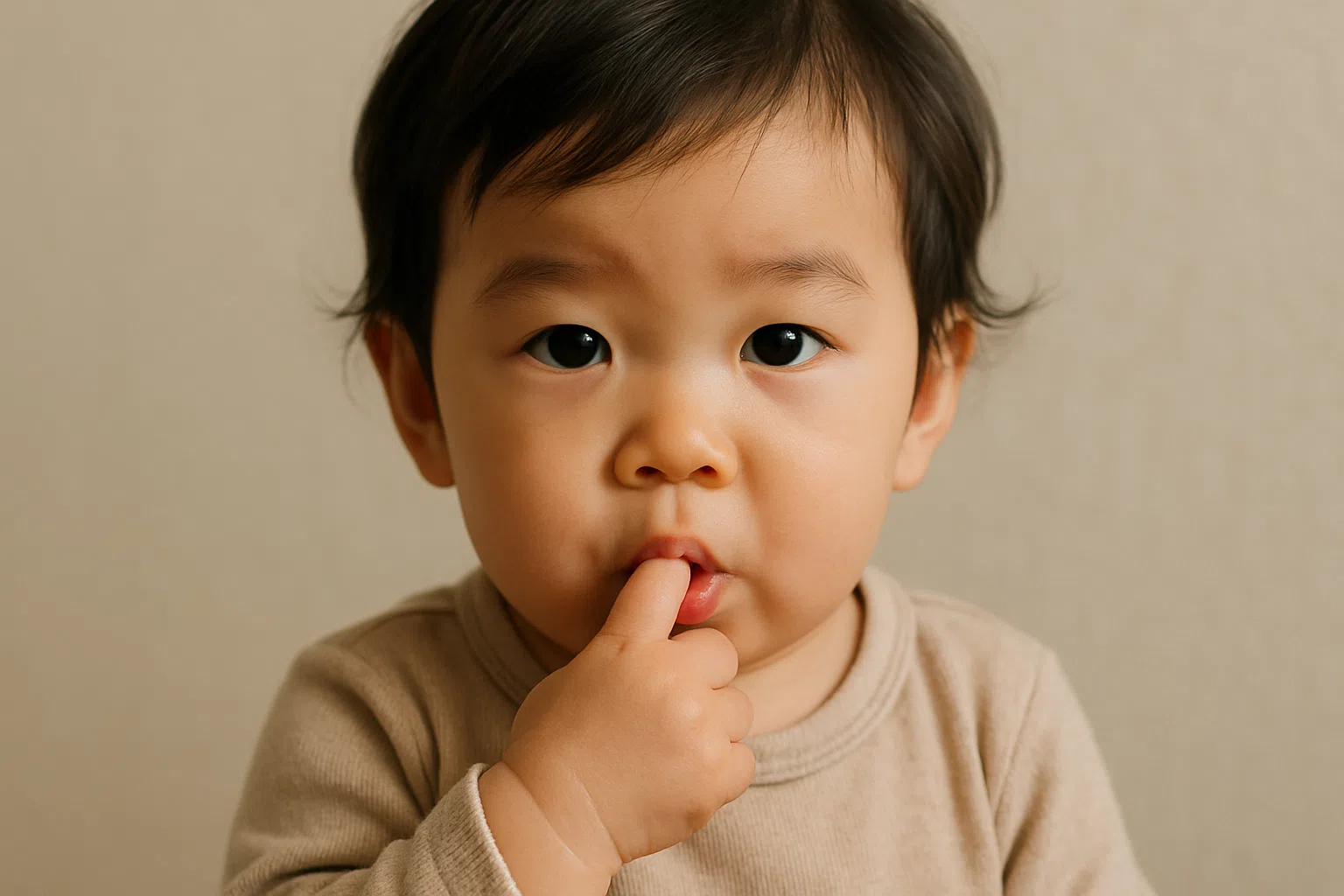 어린아이가 손가락을 입에 물고 있는 모습