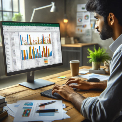 그래프가 있는 화면과 함께 커피잔이 놓인 책상 위에서 작업 중인 모습.