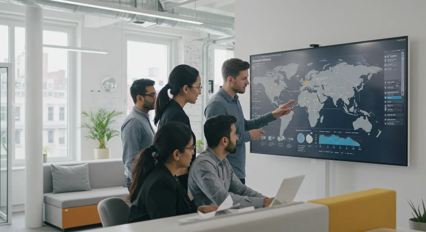 다양한 팀원들이 고객 여정 지도와 만족도 지표를 보여주는 대형 디지털 화면을 보며 협업하는 밝고 현대적인 사무 공간
