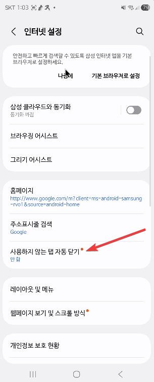 삼성 갤럭시 인터넷 브라우저 탭 자동 닫기 설정 하기3