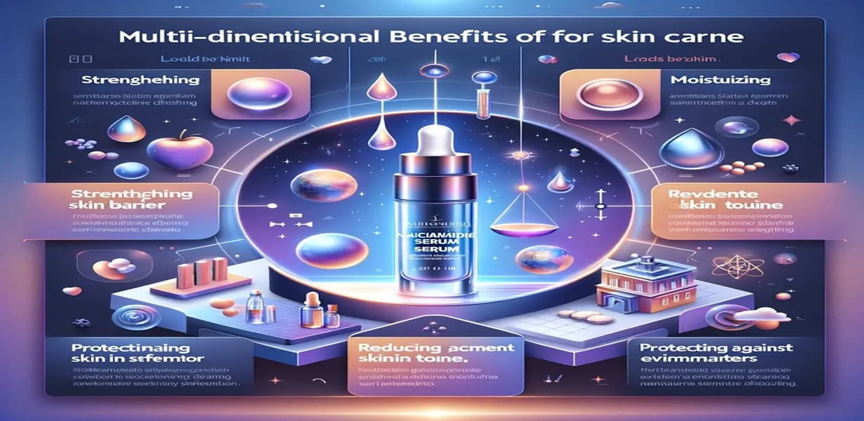 니아신아마이드(비타민 B3)의 피부 보습, 장벽 강화, 톤 개선 등 다차원적 효능을 표현한 뷰티 인포그래픽 이미지
