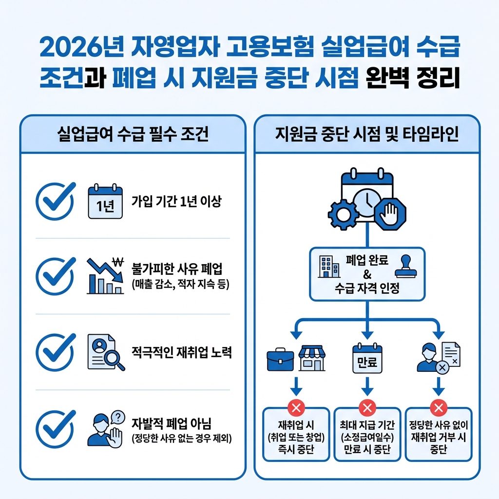 2026년 자영업자 고용보험 실업급여 수급 조건과 폐업 시 지원금 중단 시점 완벽 정리