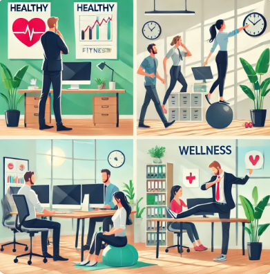 여러 직장인들이 각각의 사무실에서 운동관련 이야기 하는 이미지