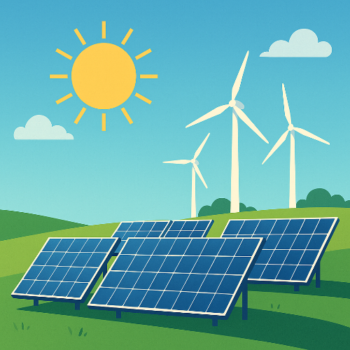 밝은 태양 아래, 푸른 하늘과 녹색 들판 위에 설치된 태양광 패널들이 일렬로 배열된 디지털 일러스트