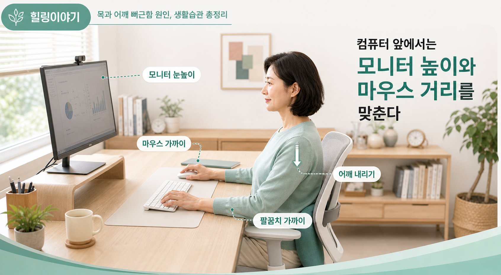 컴퓨터 앞 목 어깨 뻐근함 원인 모니터 높이와 마우스 거리 조절