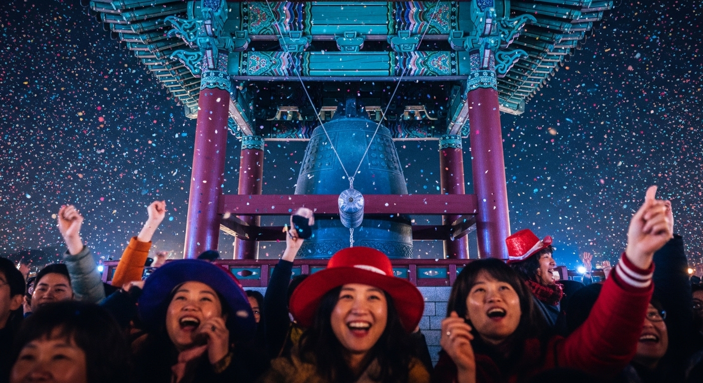 2026년 새해를 알리는 서울 보신각의 웅장한 종과 축하하는 인파의 모습