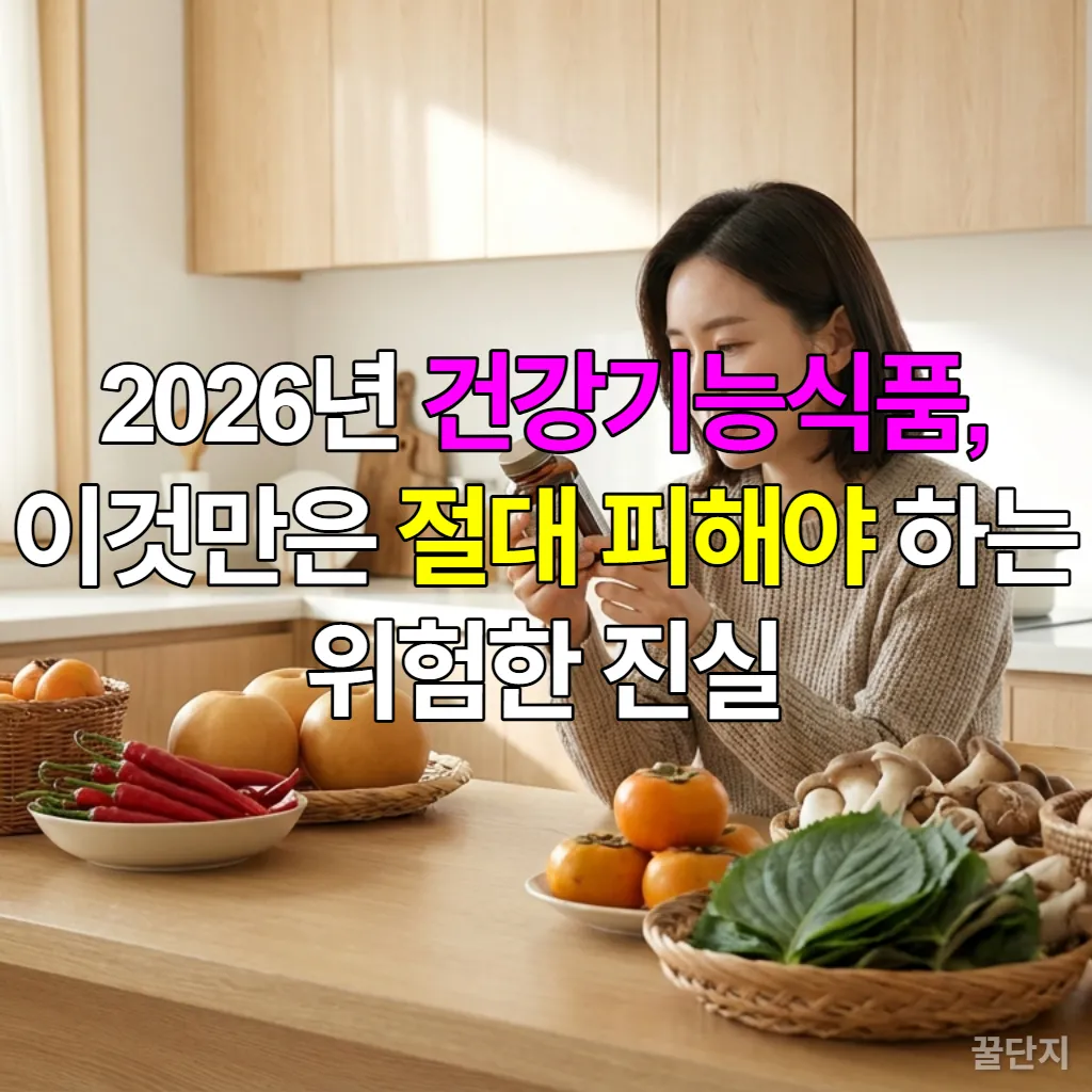 건강기능식품을 신중하게 고르는 한국 여성의 모습과 신선한 채소, 과일