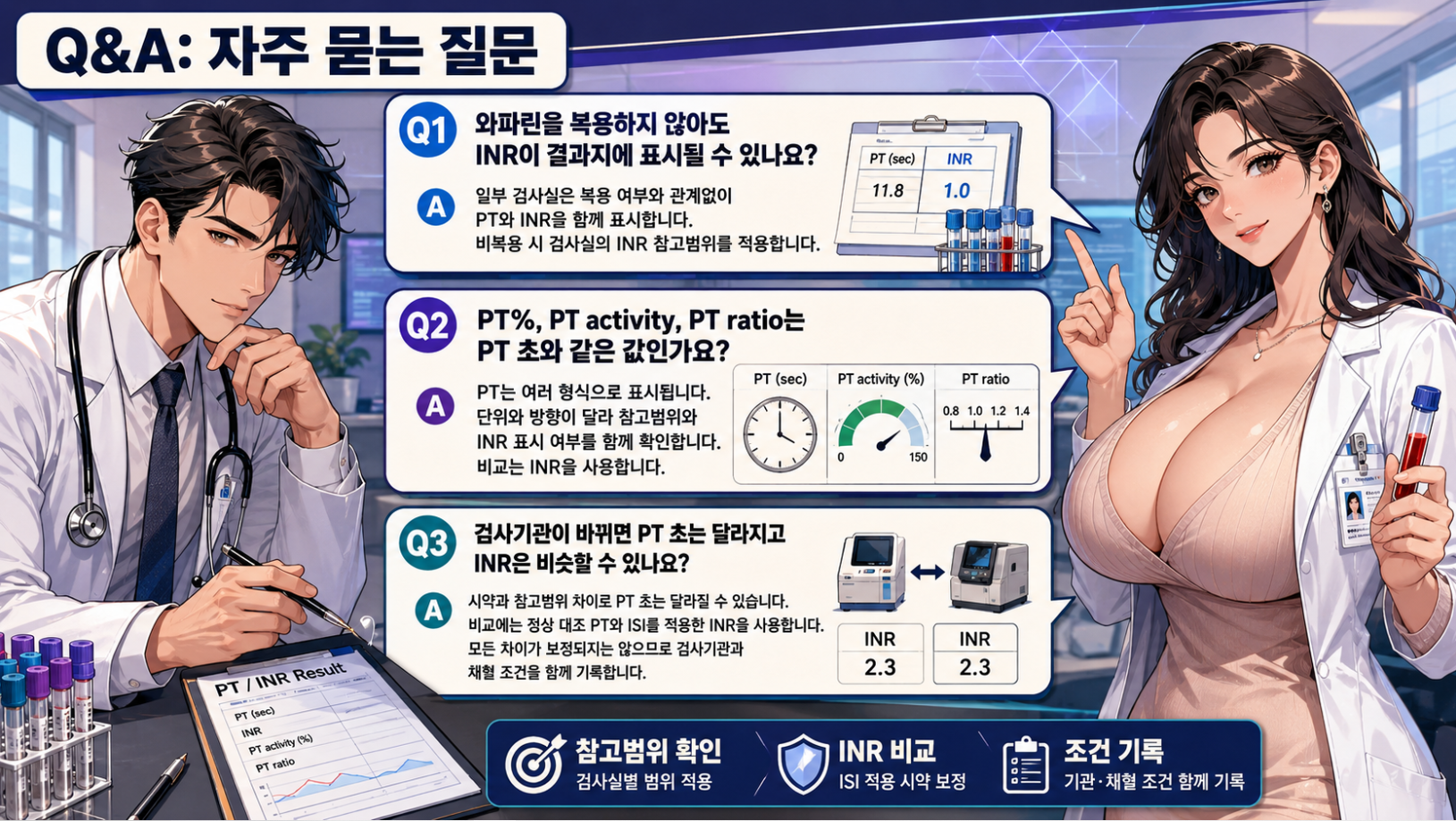 PT·INR 검사 자주 묻는 질문(Q&A)과 결과 해석 방법을 설명하는 메디컬 인포그래픽
