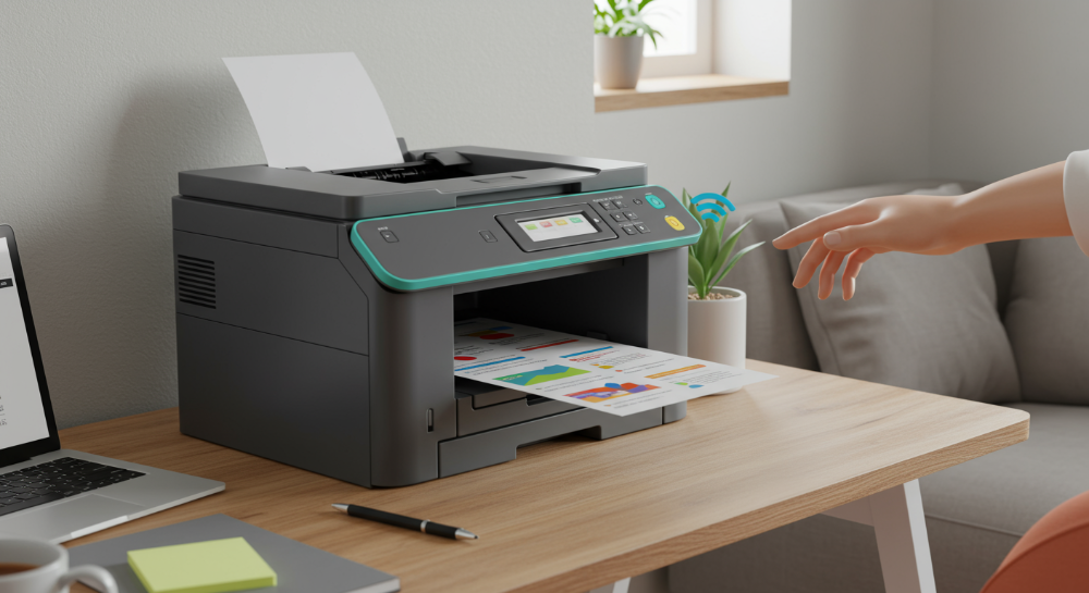 깔끔한 작업 공간에 놓인 현대적인 레이저 프린터가 생생한 컬러 문서를 출력하고 있고, 노트북에서 무선으로 연결하는 손이 보인다. 프린터 주변에는 효율성과 연결성을 강조하는 틸과 라이트그레이 색상의 요소들이 배치되어 있다.