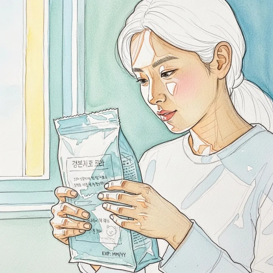 사료 유통기한을 확인하는 손