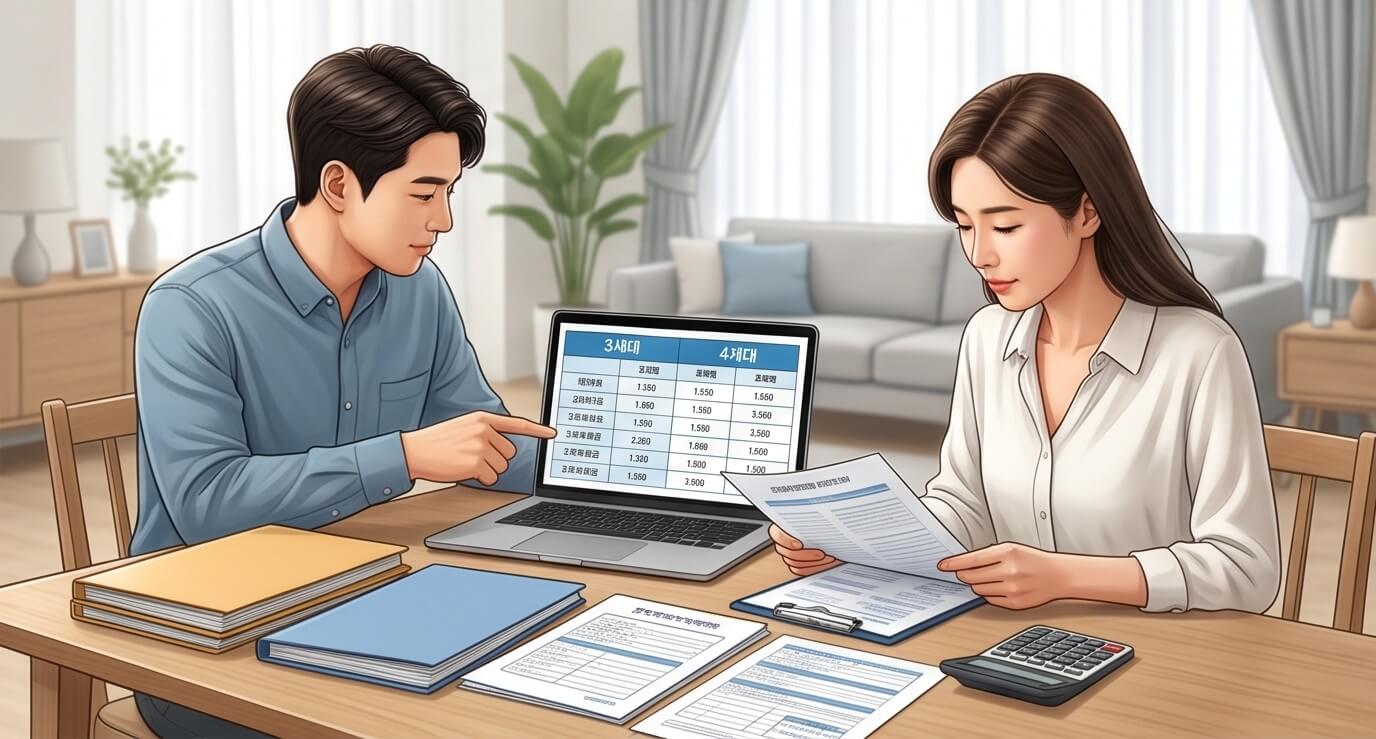 테이블에 서류를 두고 세대별로 실비보험 비교중