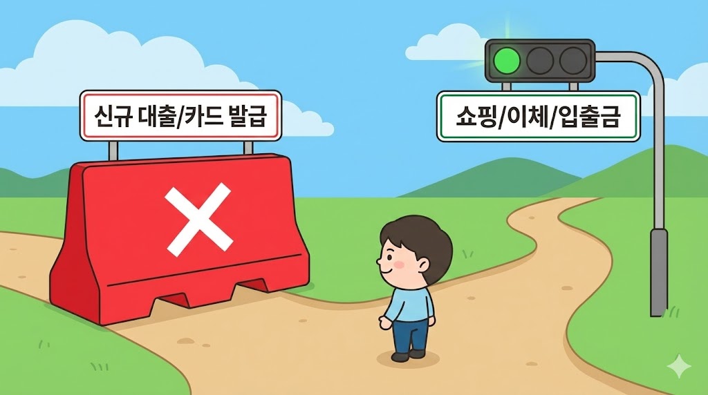 '신규 대출' 앞에는 빨간색 X 표지판, '쇼핑/이체' 앞에는 파란색 O 표지판이 있는 갈림길 일러스트