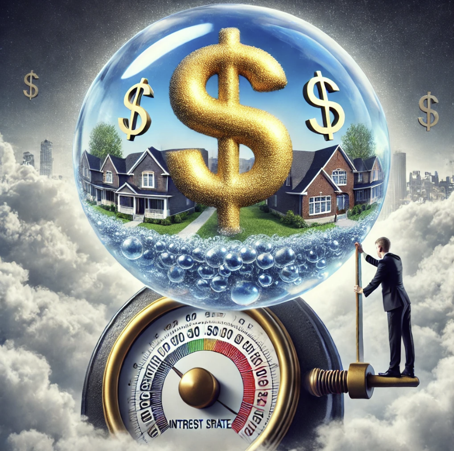 금리 인하와 부동산 버블의 관계를 연상시키는 이미지