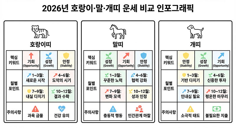 호랑이, 말, 개띠의 2026년 운세 비교표