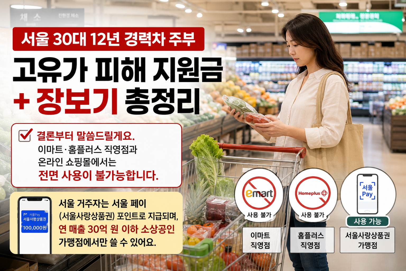고유가 피해 지원금 장보기 총정리 - 이마트,홈플러스 직영점과 온라인 쇼핑몰에서는 전면 사용이 불가능