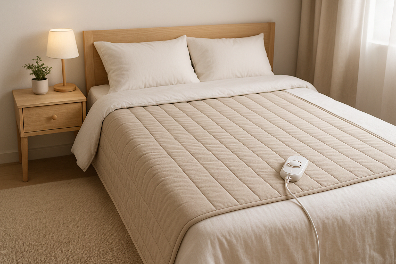 침대 위에 전기요가 주름 없이 평평하게 펼쳐진 모습과 컨트롤러가 옆에 놓인 장면