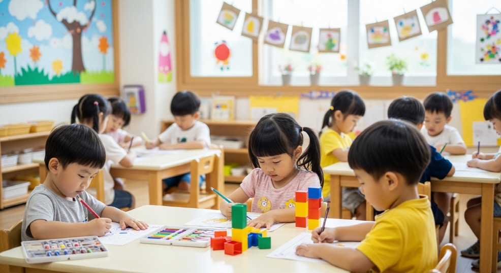 밝은 유치원 교실에서 활동하는 아이들