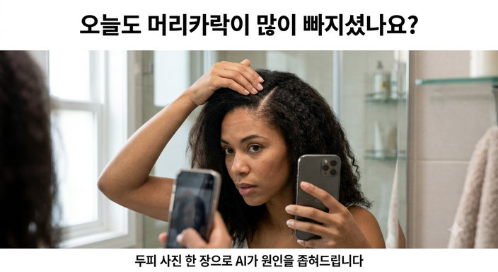 거울 앞에서 두피 상태를 확인하며 스마트폰을 준비하는 모습