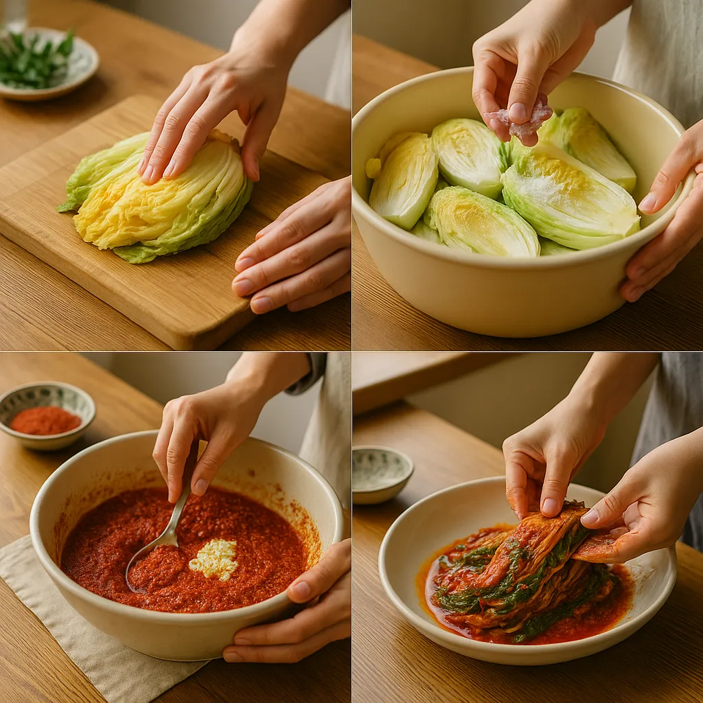 얼갈이김치 만드는 4단계 과정 클로즈업 이미지