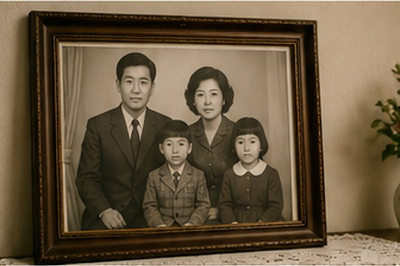 부모와 두 아이의 흑백 가족사진이 담긴 액자가 레이스 천 위에 꽃병과 함께 놓여 있는 모습