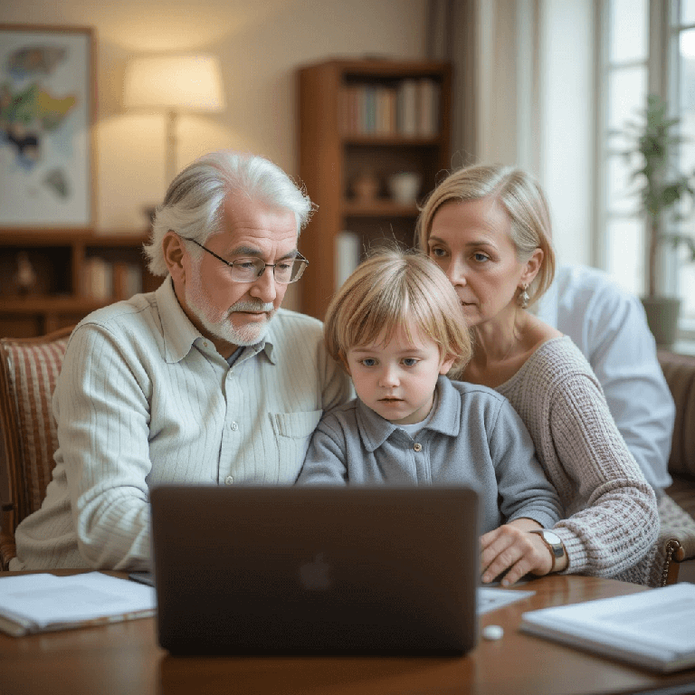 거실에 앉아 함꼐 노트북을 보고있는 할아버지 손주 딸