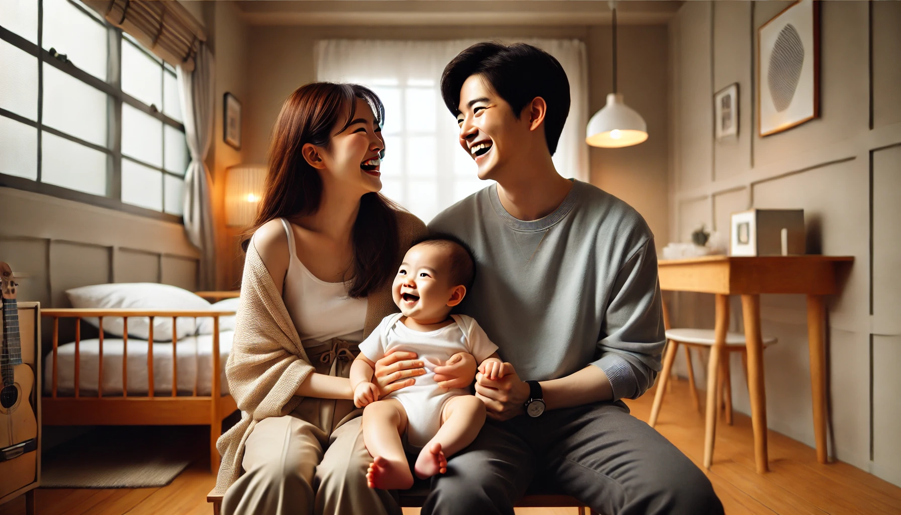 한국,-실내,-아기를-사이에-두고-마주본-30대-엄마-아빠-웃고있는,- 가로사진-0４