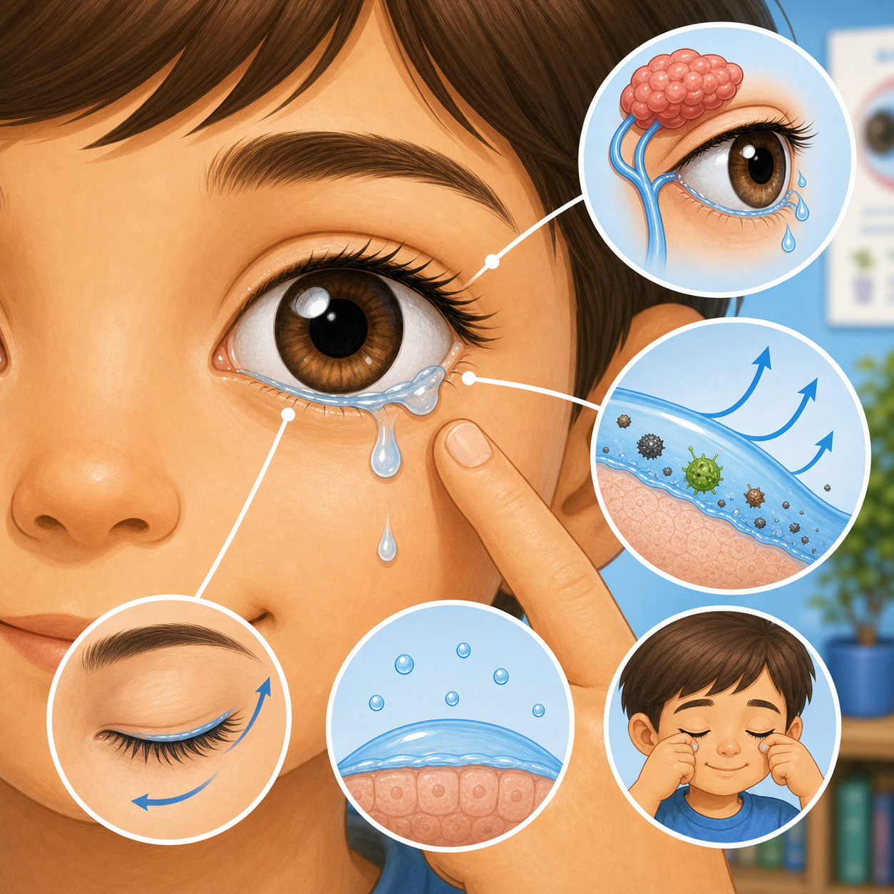 Educational illustration of an eye with tears washing away dust and keeping the eye wet