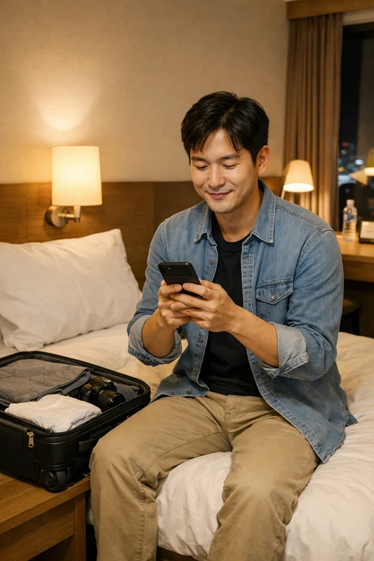 밤의 일본 비즈니스 호텔 객실에서 30대 한국인 남성 여행객이 싱글 침대에 앉아 스마트폰을 보며 미소 짓고 있고, 옆에는 일부 짐을 푼 작은 캐리어가 놓여 있는 모습