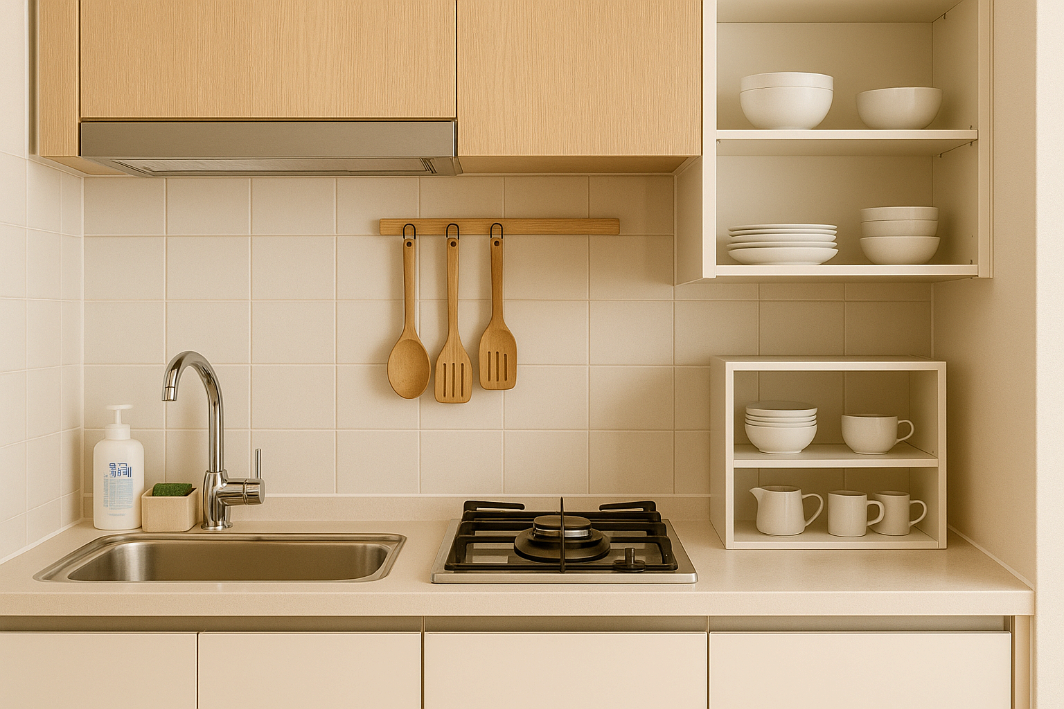 구역별로 정리된 주방, 조리 구역과 세척 구역, 보관 구역이 나눠진 모습