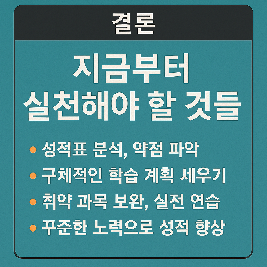 결론: 지금부터 실천해야 할 것들 - 성적표 분석, 학습 계획 세우기, 취약 과목 보완, 실전 연습, 꾸준한 노력 강조