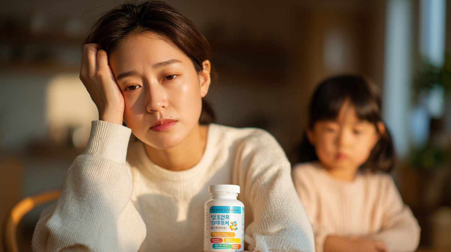 성장보조제를 들고 실망한 표정을 짓는 한국 엄마