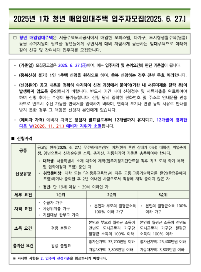 2025 1처 청년 매입임대주택 모집공고 포스터