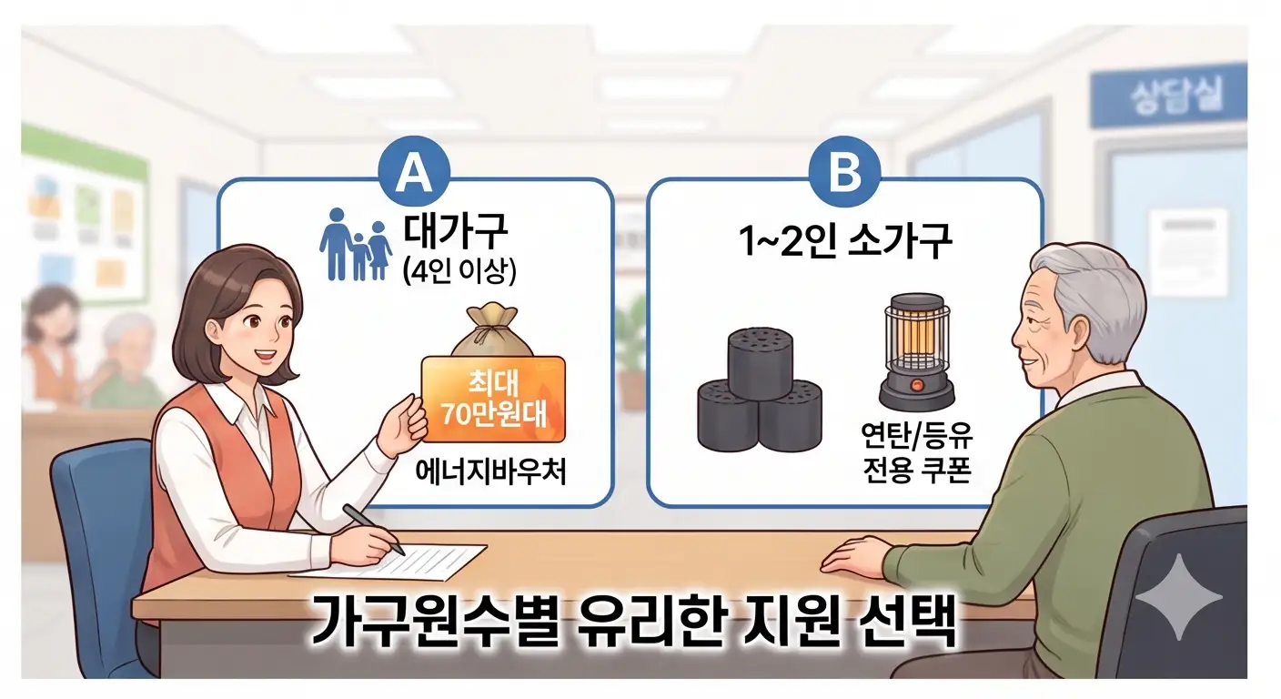 가구원수별 유리한 지원 선택을 위해 대가구와 소가구별 에너지바우처 및 연탄 등용유 쿠폰을 비교하는 상담 일러스트