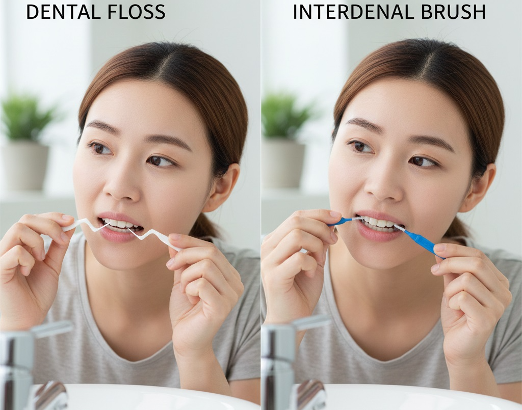 치실과 치간칫솔하는 사람