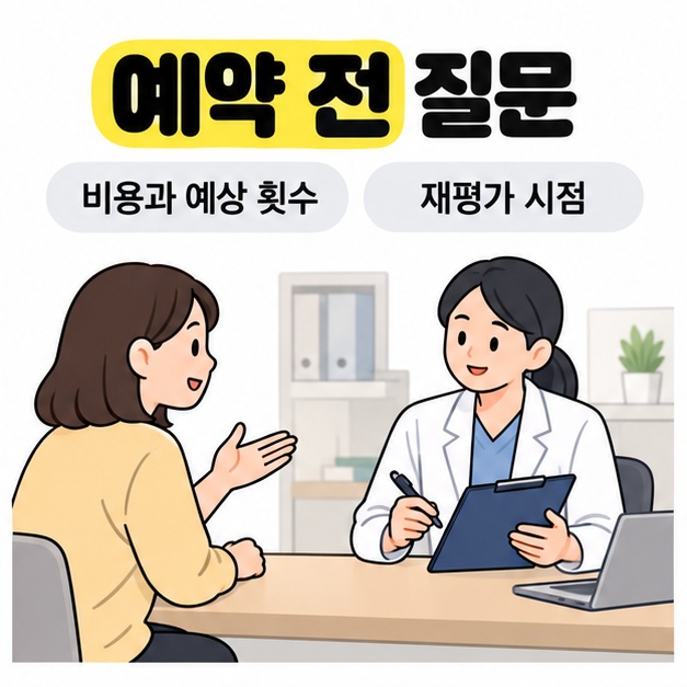 환자가 의료진에게 질문하고 의료진이 메모하는 모습과 비용, 예상 횟수, 재평가 시점 확인 안내