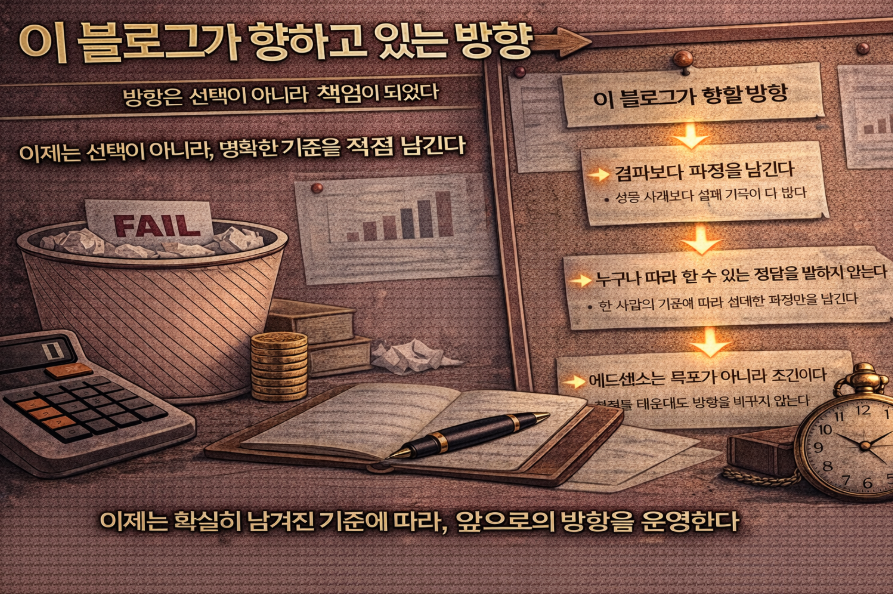 애드센스를 목표가 아닌 조건으로 인식하는 블로그 운영 방향을 시각화한 이미지, 기준 중심 운영과 배제 원칙을 나타낸 일러스트