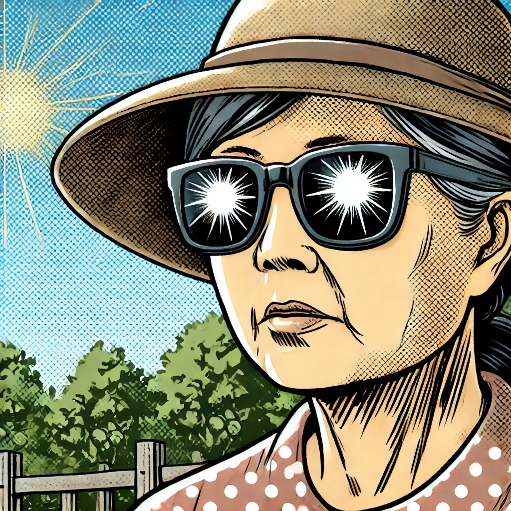 자외선 차단을 위해 선글라스와 모자를 착용한 노인 여성 (백내장 예방 강조)