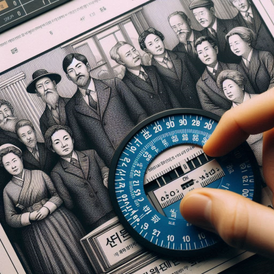 오래된 신문의 일러스트레이션을 정밀 도구로 측정하는 장면.