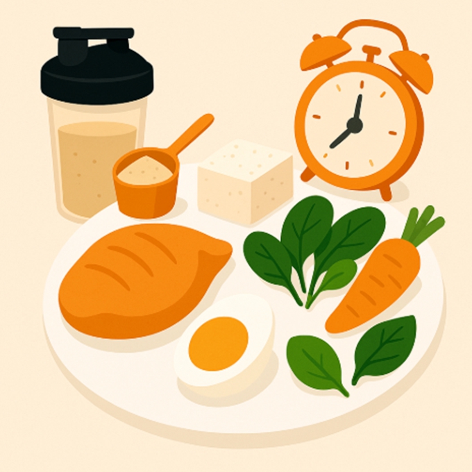 접시에 담긴 고단백 식품들 닭가슴살, 삶은 달걀, 두부, 채소와 함께 놓인 단백질 쉐이크와 아침 알람 시계 이미지. 단백질 섭취 타이밍을 암시하는 구성