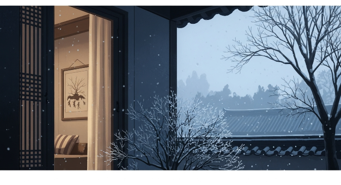 2025년 입동, 창밖으로 보이는 고요한 초겨울 풍경과 따뜻한 실내 모습, 겨울의 시작을 알리는 그림