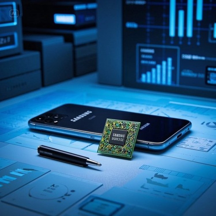 삼성전자 로고와 반도체 칩(HBM3E), 갤럭시 S25 스마트폰이 깔끔한 책상 위에 놓여 있는 이미지. 배경에는 주식 차트와 AI 데이터센터가 은은히 보이며, 현대적이고 기술 중심적인 분위기.